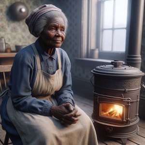 An aged African American woman sits next to a stove.